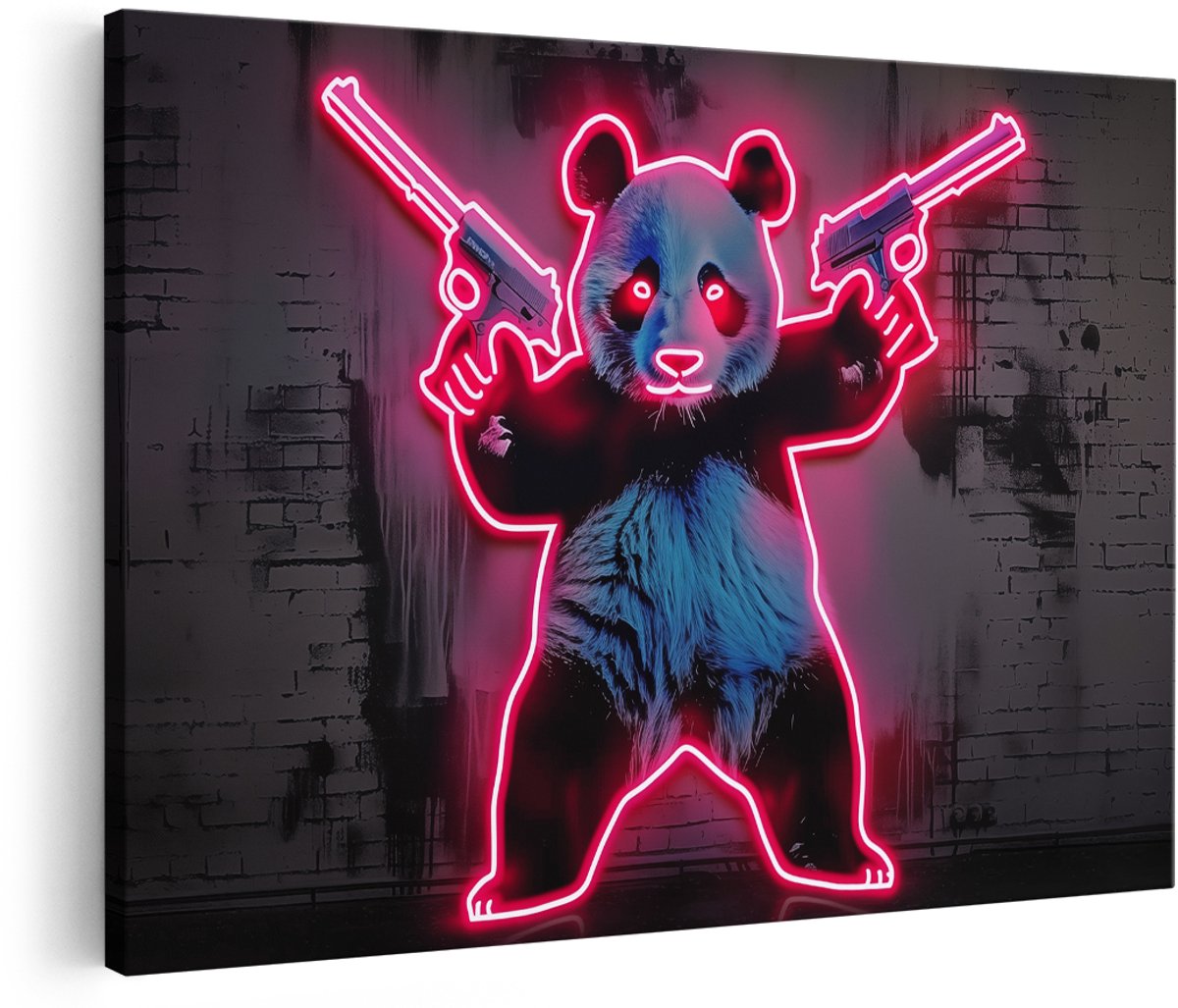 Artaza Canvas Schilderij Pandabeer met Twee Geweren - Dieren - 150x100 cm - Groot - Wanddecoratie Woonkamer - Schilderijen - Muurdecoratie