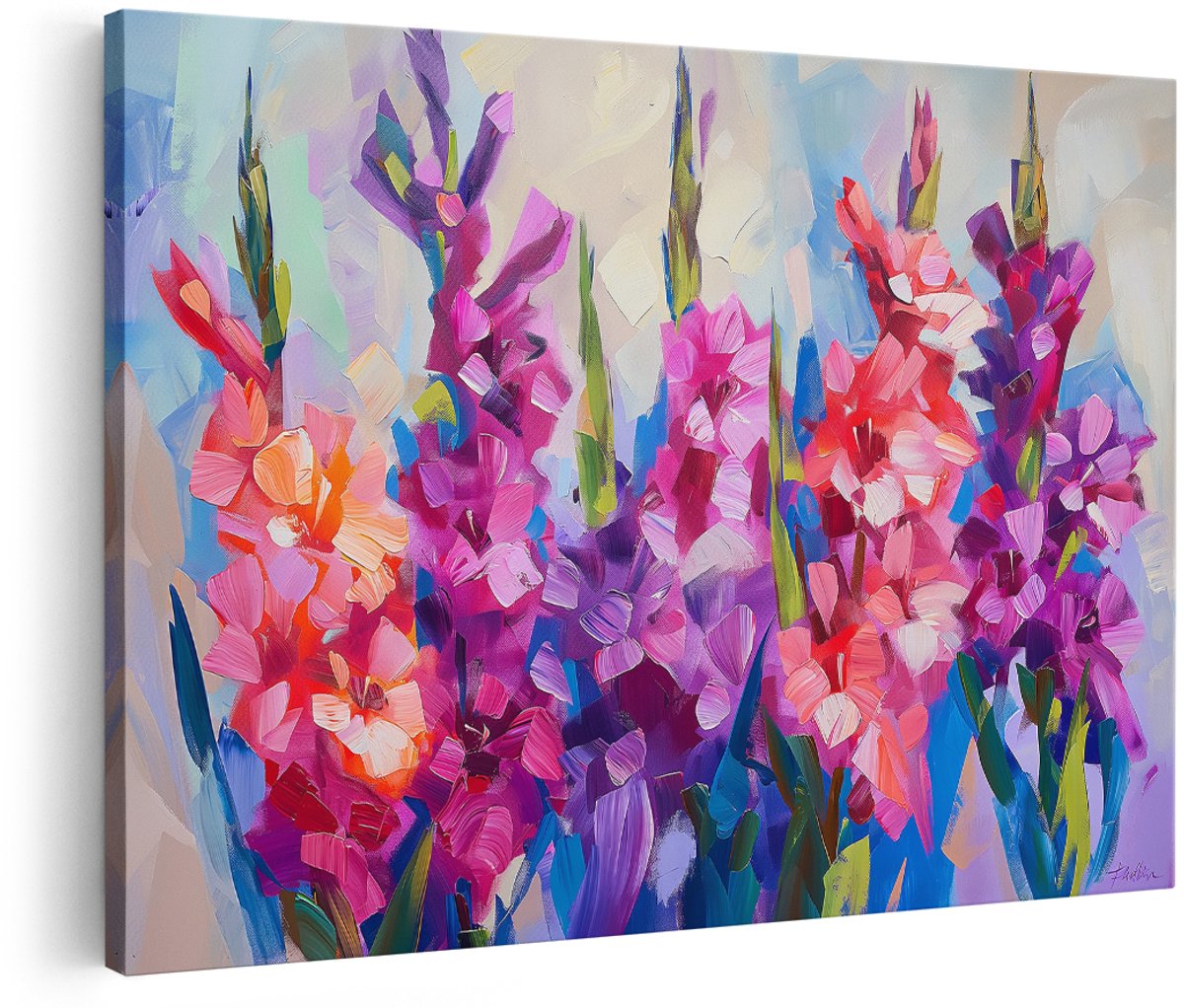 Artaza Canvas Schilderij Bloemen Schilderij - 150x100 cm - Groot - Wanddecoratie Bloemen - Muurdecoratie Gladiolen - Kleurrijk Schilderij Woonkamer - Roze