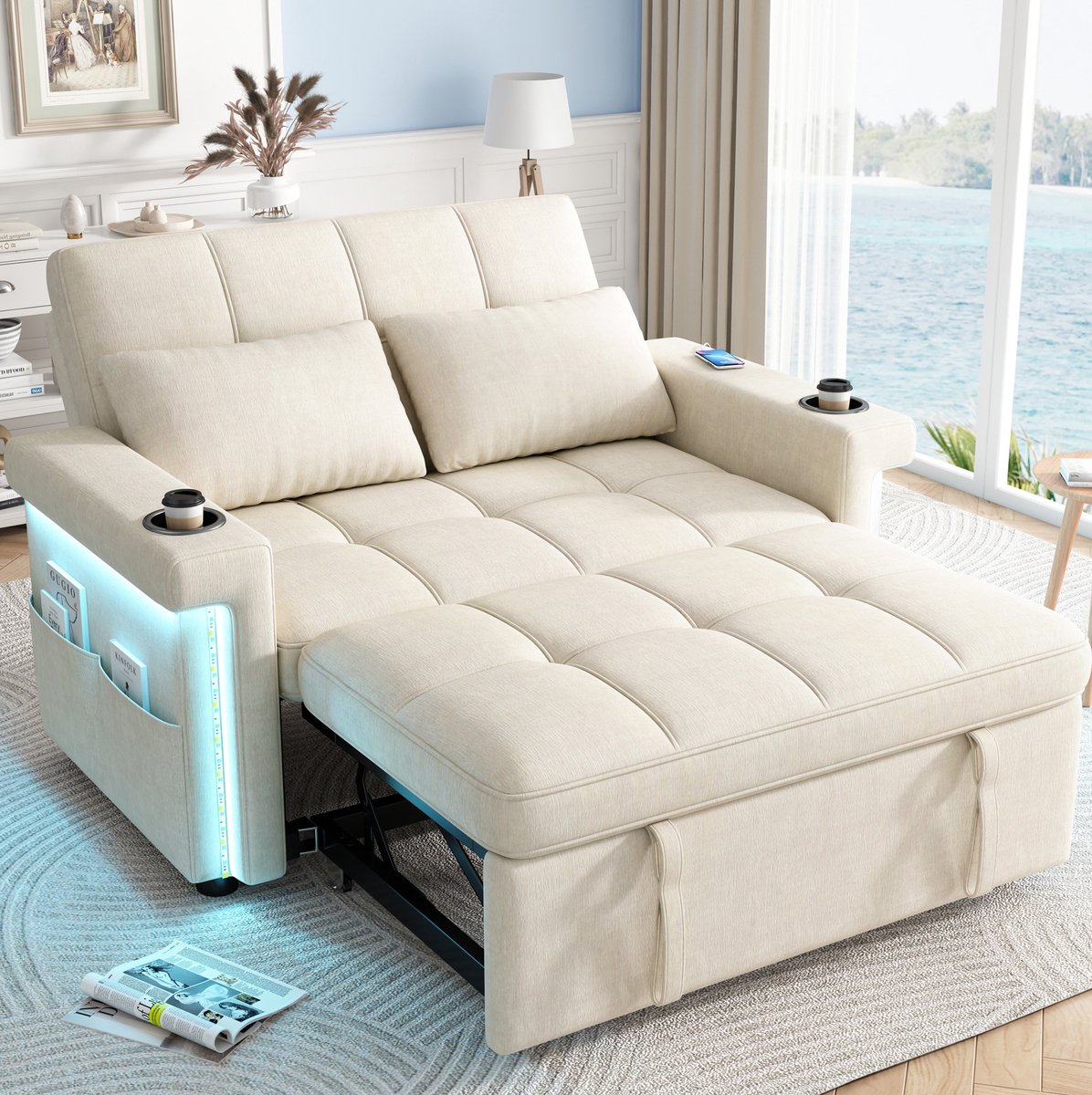 MODENUIT Slaapbank 145 cm - Verstelbare Rugleuning, LED en USB/Type-C - Woonkamer - Chenille Beige