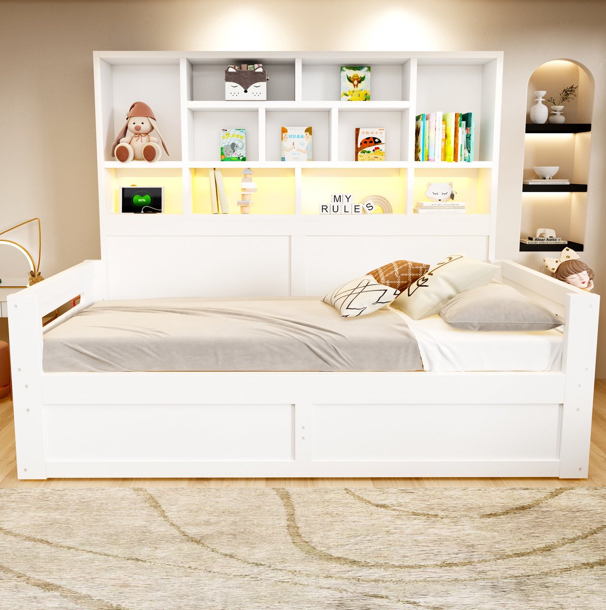 MODENUIT Slaapbank 90 x 200 cm - Met Opbergruimte, LED-Verlichting En Stekkerdoos - Eenpersoons - MDF - Wit
