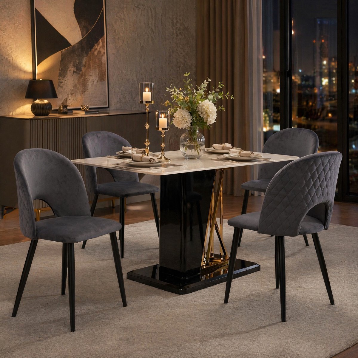 Wishdor Eetkamerstoel set van 4 - Grijs velvet - Opengewerkt design met diamantpatroon - Metalen onderstel en verstelbare voeten - Zonder armleuning - 47 x 55 x 84 cm