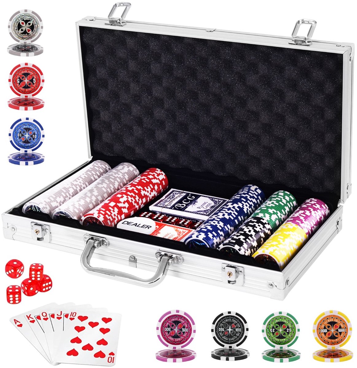 SureDeal® - Speelkamer - Pokerset Poker Chips - Aluminium Koffer Complete - 38,4x20,5x6,5 cm - Zilver