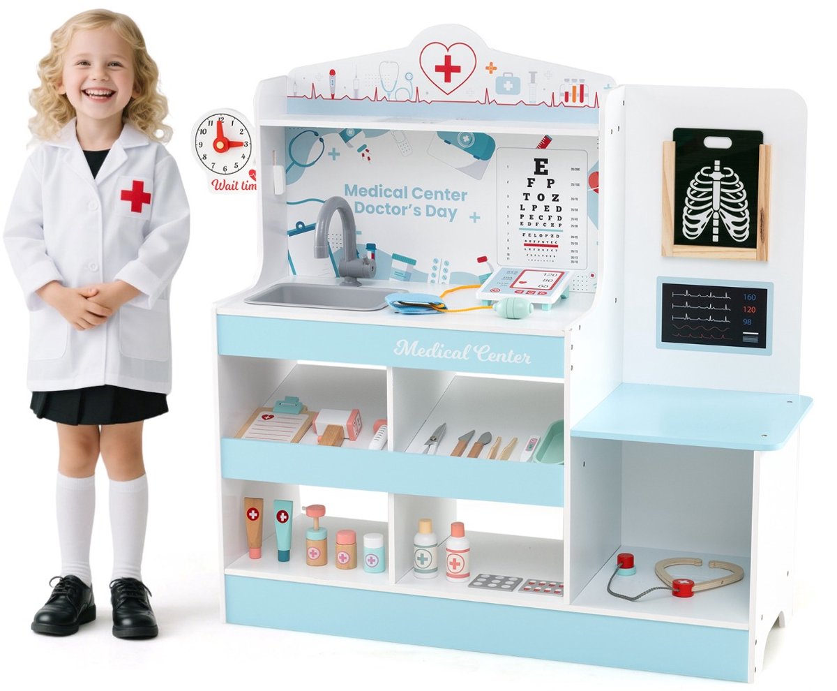 SureDeal® - Rollenspell - Houten Dokter Speelset - Kinderen - Klok Wastafel Gezichts - 97x30,5x88 cm - Blauw