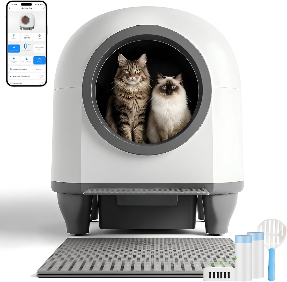 Lìon® Zelfreinigende Kattenbak -Sensor - Kattenbakmat - Ellenpent - Wit en Grijs - 56cm x 51cm x 59cm