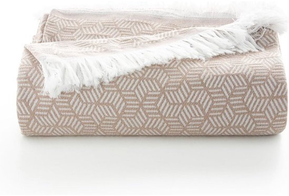 GAMUSI Multifunctional Bedspread for 135/150 cm Bed and Sofa, Bedspread, Sofa Cover, 3-Seater, Soft Geometric Cotton, 230 x 280 cm, Beige