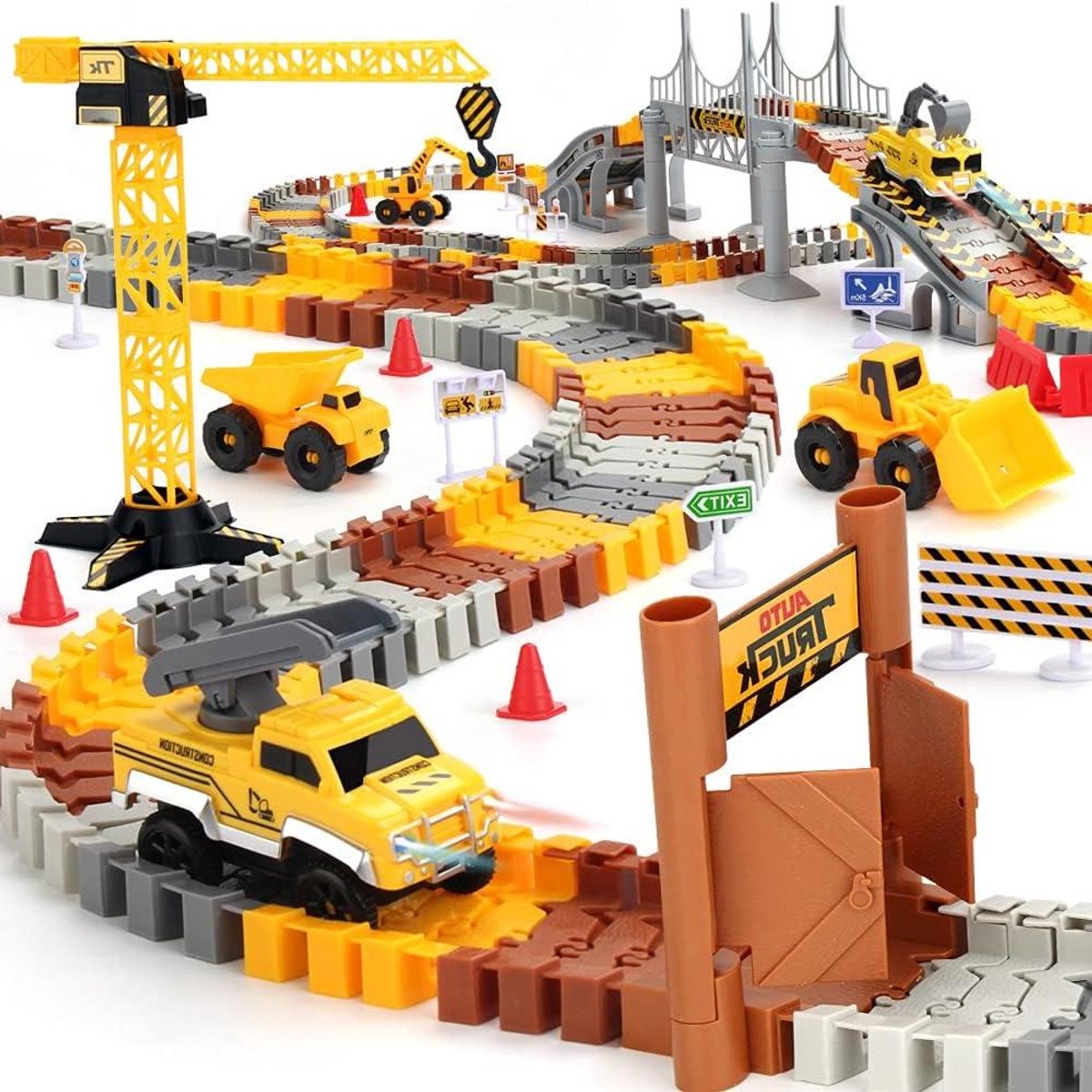Racebaan Set - Bouw Voertuigen - Creatief Spelen - Flexibele Baanstukken - 176 Delen - Geel Multicolor