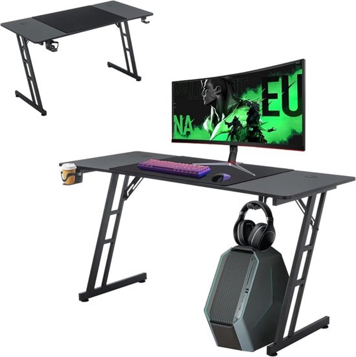 Ruim Gaming Bureau 120x60 cm - Zwart Bureau met Carbon Fiber Oppervlak en Koptelefoonhaak