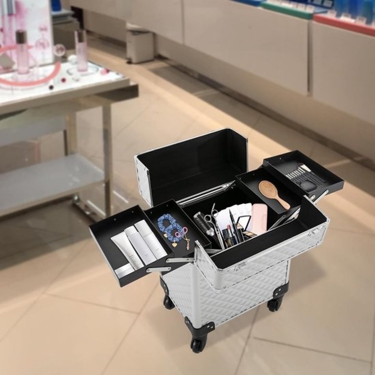 Verrijdbare Trolley voor Make-up Artiesten en Beauty Professionals met Uitschuifbare Stang