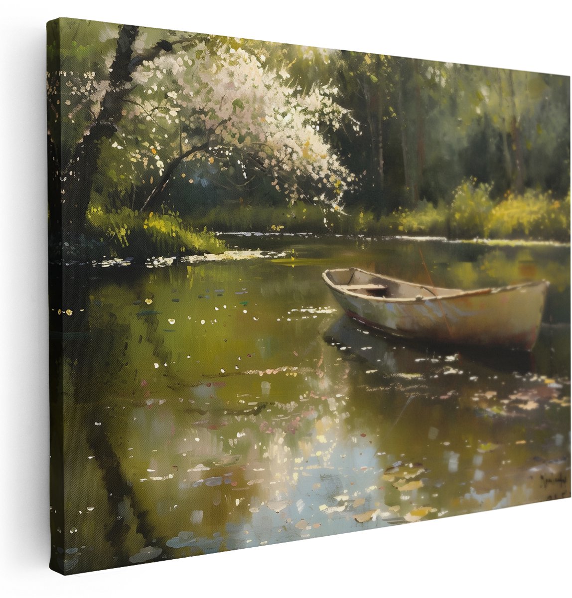 Artaza Canvas Schilderij Natuur - 160x120 cm - Groot - Wanddecoratie Landschap Met Boot - Muurdecoratie Meer - Schilderijen Op Canvas