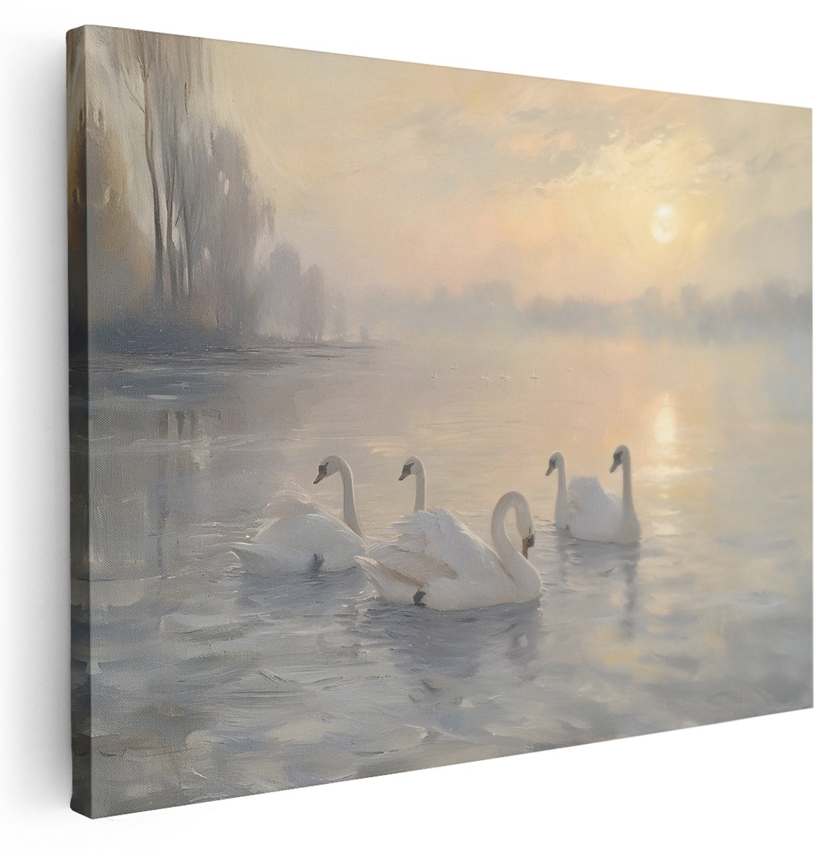 Artaza Canvas Schilderij Meer Landschap - 160x120 cm - Groot - Wanddecoratie Zwanen - Muurdecoratie Natuur - Schilderijen Op Canvas Vogels