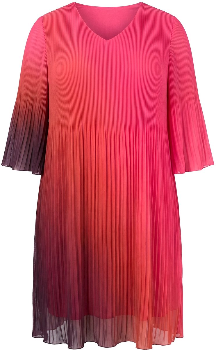 Ulla Popken - Dames - Jurk met plooien kleurverloop A-lijn V-hals - Fuchsiaroze - Maat 42+
