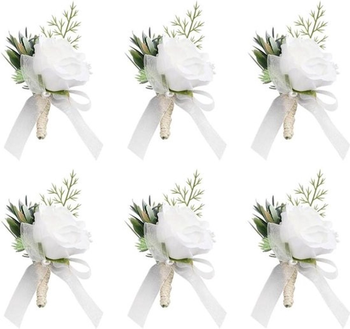 Rozen Boutonnieres - Bruiloft Corsages - Bruiloft Accessoires - Met Broche Bevestiging - 6 stuks - Wit