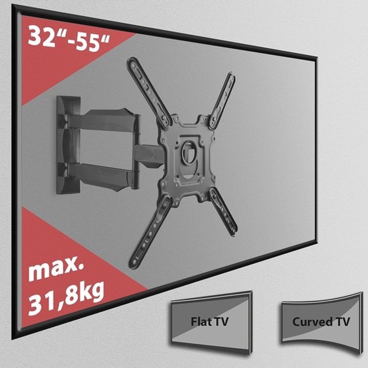Verstelbare TV muurbeugel 32 inch - 55 inch voor flatscreen en curved scherm tot 32kg - VESA max. 400x400 - Kantelbaar en draaibaar - Monitorbeugel