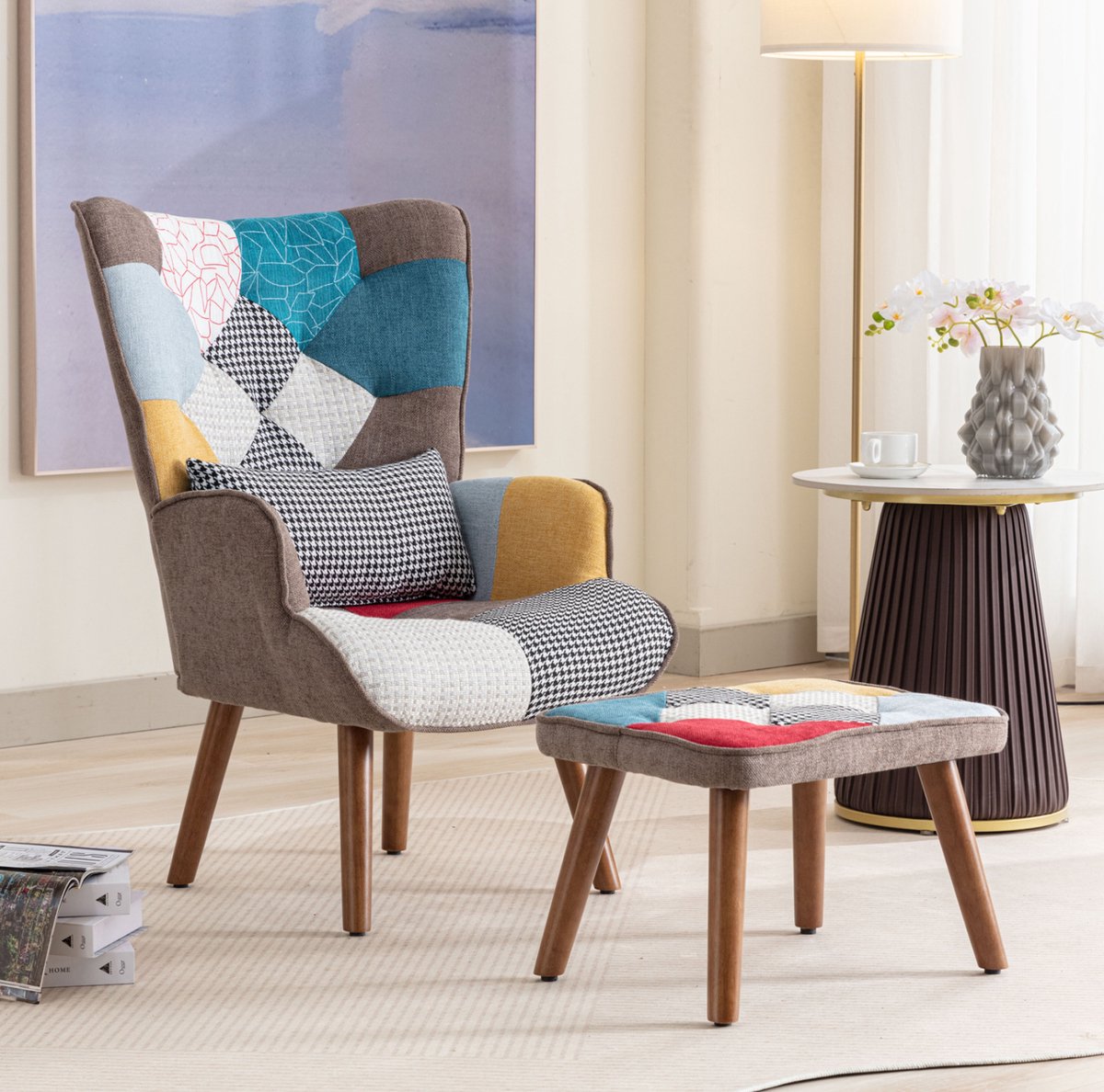 Wishdor Fauteuil - Met hocker en hoge rugleuning - Armleuningen en rugkussen - Retro patchwork - Woonkamer leeshoek ontspanning - Stof hout en metaal - Multicolor