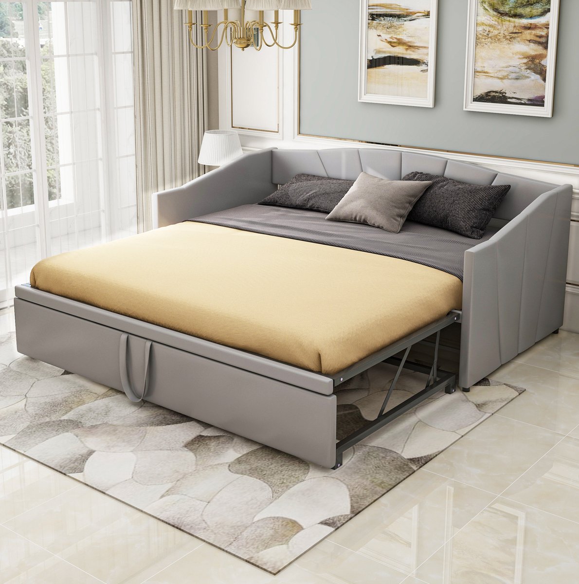 REDOM Slaapbank - Uittrekbaar van 90 x 200 tot 180 x 200 cm - Met lattenbodem en armleuningen - Rugleuning - MDF en stof - Grijs - 212 x 188 x 74 cm