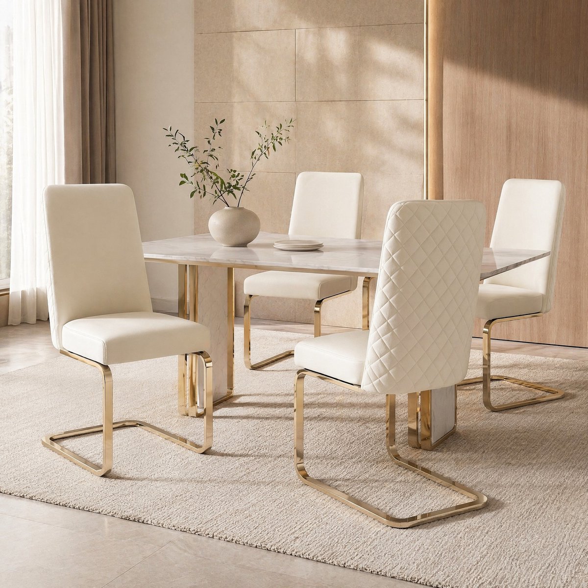 Wishdor Eetkamerstoel - Set van 2 - Diamantstiksel - Lounge stoel voor eetkamer woonkamer slaapkamer - Velvet zitting - Metalen onderstel in goudkleur - Beige