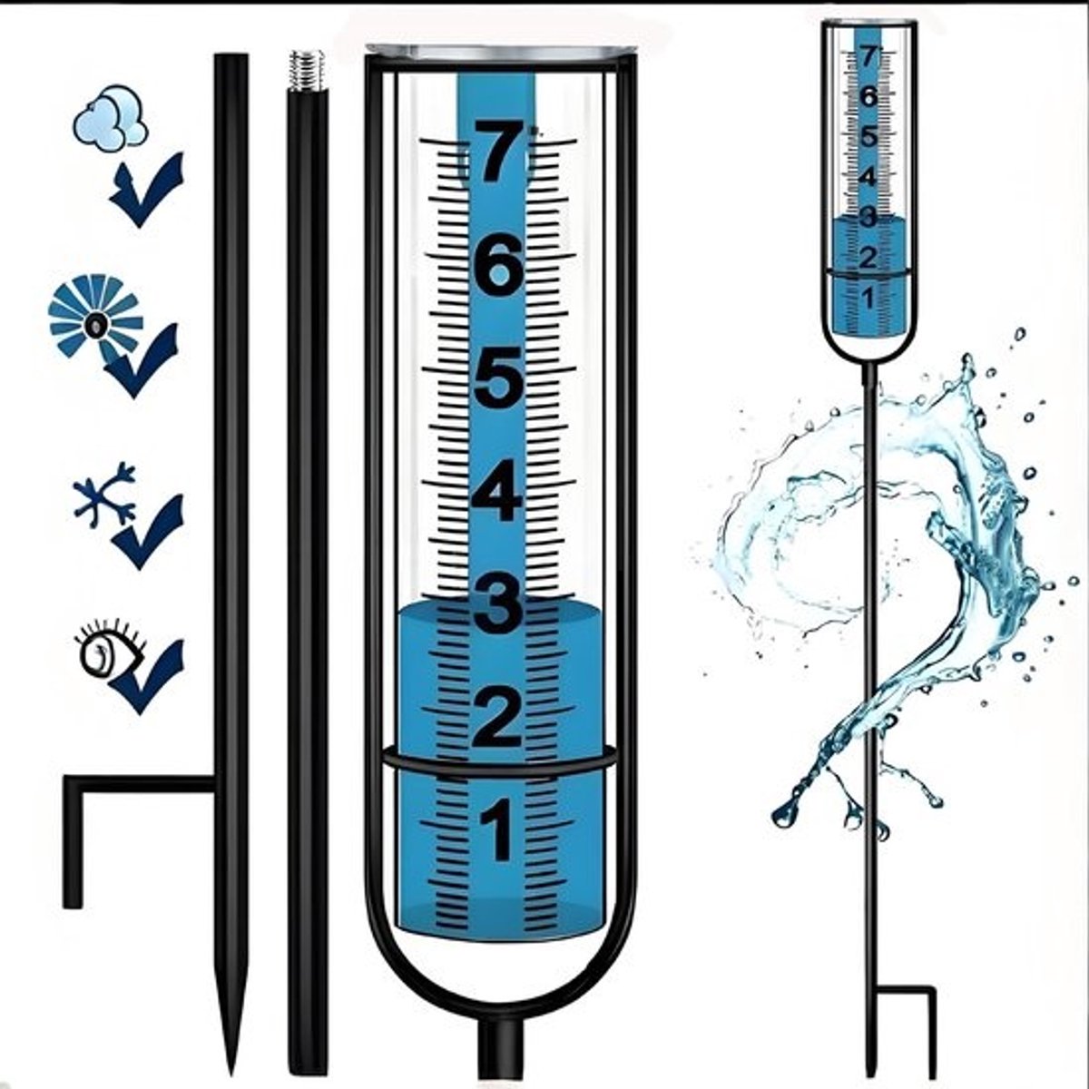 Regenmeter Glas - Watermeter Tuin - Tuinonderhoud Meten - Verstelbare Stok - 178 cm Capaciteit - Transparant
