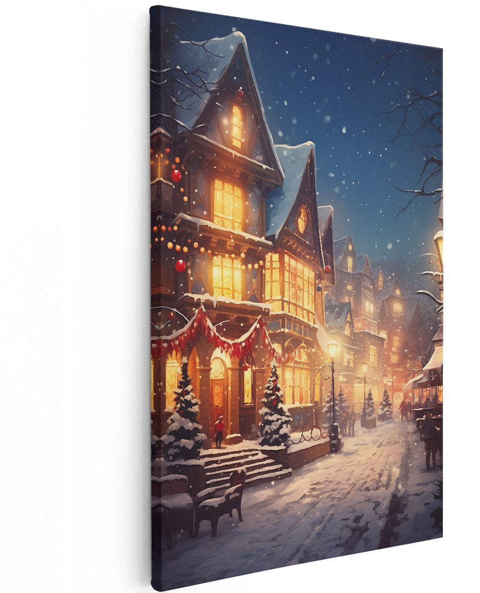 Artaza Canvas Schilderij Vintage Winter Stad - Kerst - 120x180 cm - Groot - Foto Op Canvas - Wanddecoratie Woonkamer