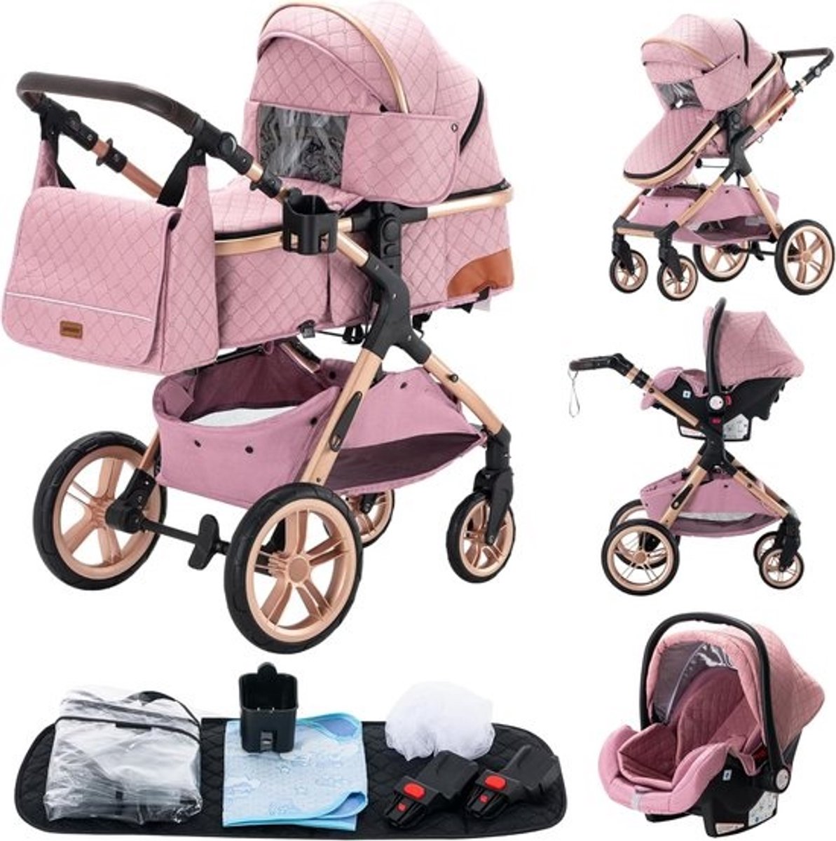 3-in-1 Kinderwagen - Combi kinderwagen - Baby vervoeren - Aluminium frame - Tot 25 kg - Roze