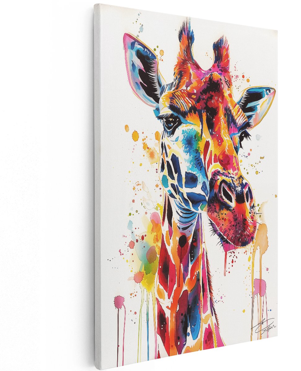 Artaza Canvas Schilderij Giraffe met Kleurrijke Verfspatten - Dieren - 120x180 cm - Groot - Wanddecoratie Woonkamer - Schilderijen - Muurdecoratie