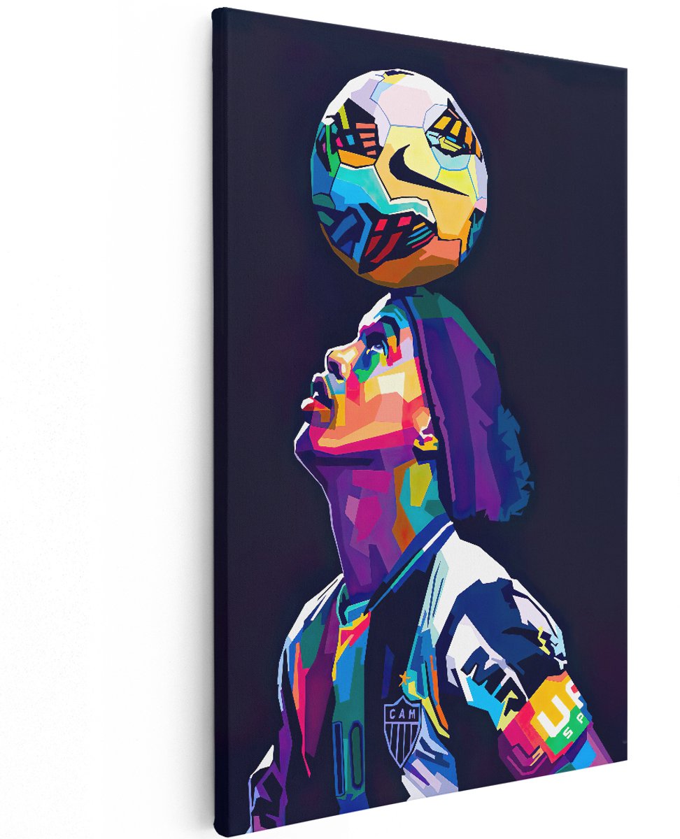 Artaza Canvas Schilderij Ronaldinho met Bal op het Hoofd - 120x180 cm - Groot - Muurdecoratie - Canvas Print