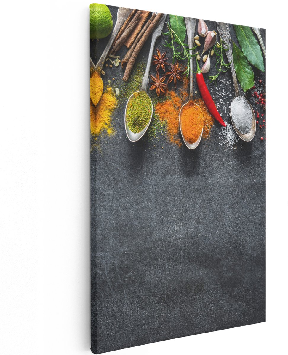 Artaza Canvas Schilderij Kruiden En Specerijen Op Een Zwarte Plaat - 120x180 cm - Groot - Wanddecoratie Woonkamer - Schilderijen - Muurdecoratie