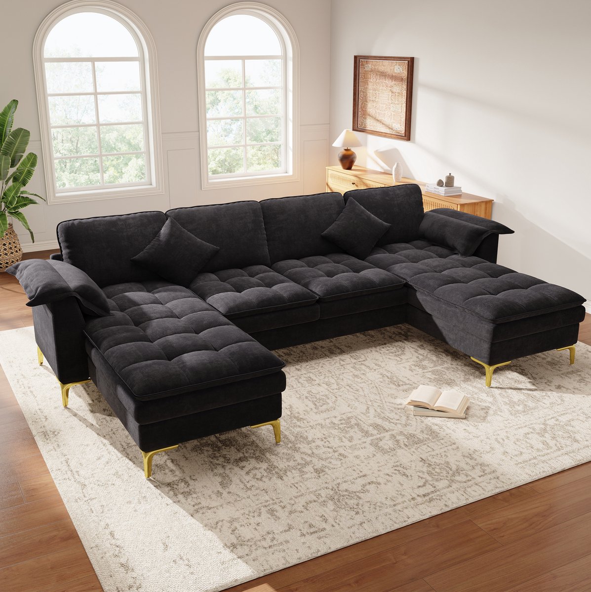 REDOM - U-bank - Modulair ontwerp met dubbele chaiselongue - Chenille bekleding - Met 2 kussens - Moderne stijl - Woonkamer - Zwart - 262 x 134 x 86 cm