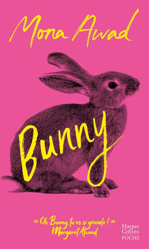 Couverture de livre avec un lapin en demi-cercle, titrée 'Bunny' en jaune. Fond rose vif.