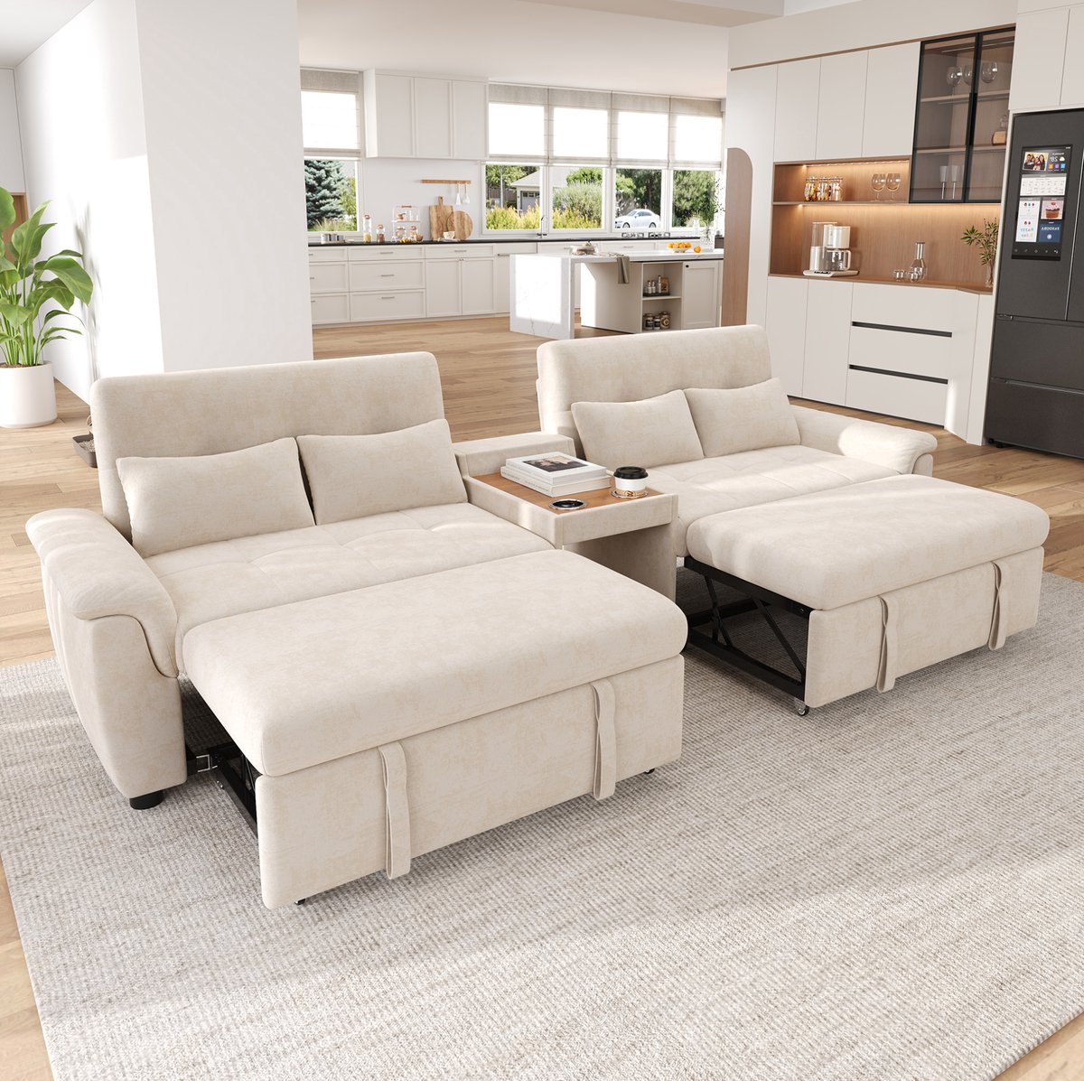 REDOM - U-bank slaapbank - Uitklapbare dubbele slaapmodules - Verstelbare rugleuning - Huisdiervriendelijke middenzone - Modern design - Woonkamer - Chenille - Beige - 284 x 138 x 89 cm