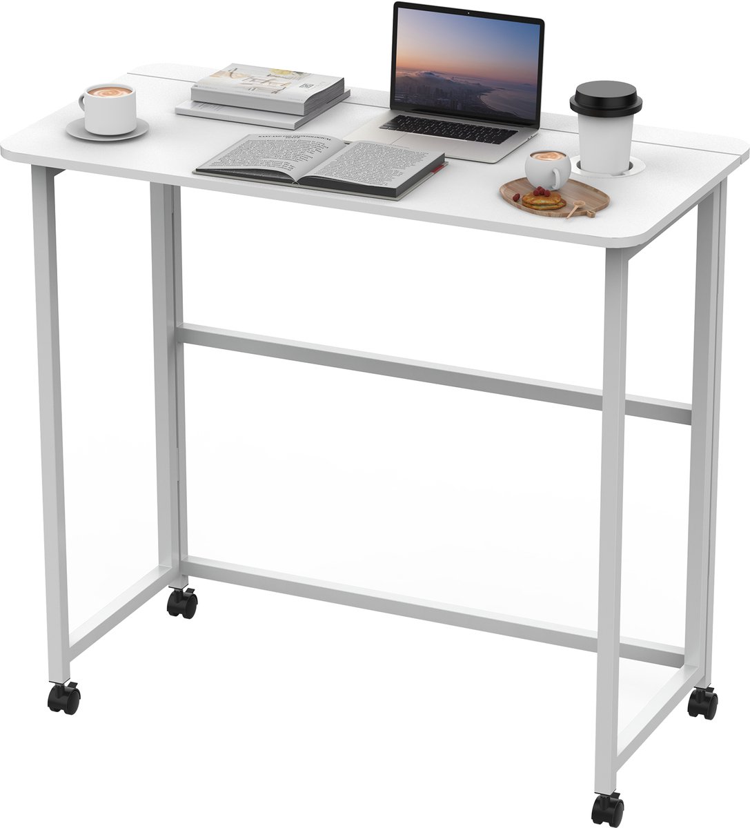 Arvioo‑Vouwbaar bureau‑80x40x74cm‑met wieltjes‑bekerhouder‑wit