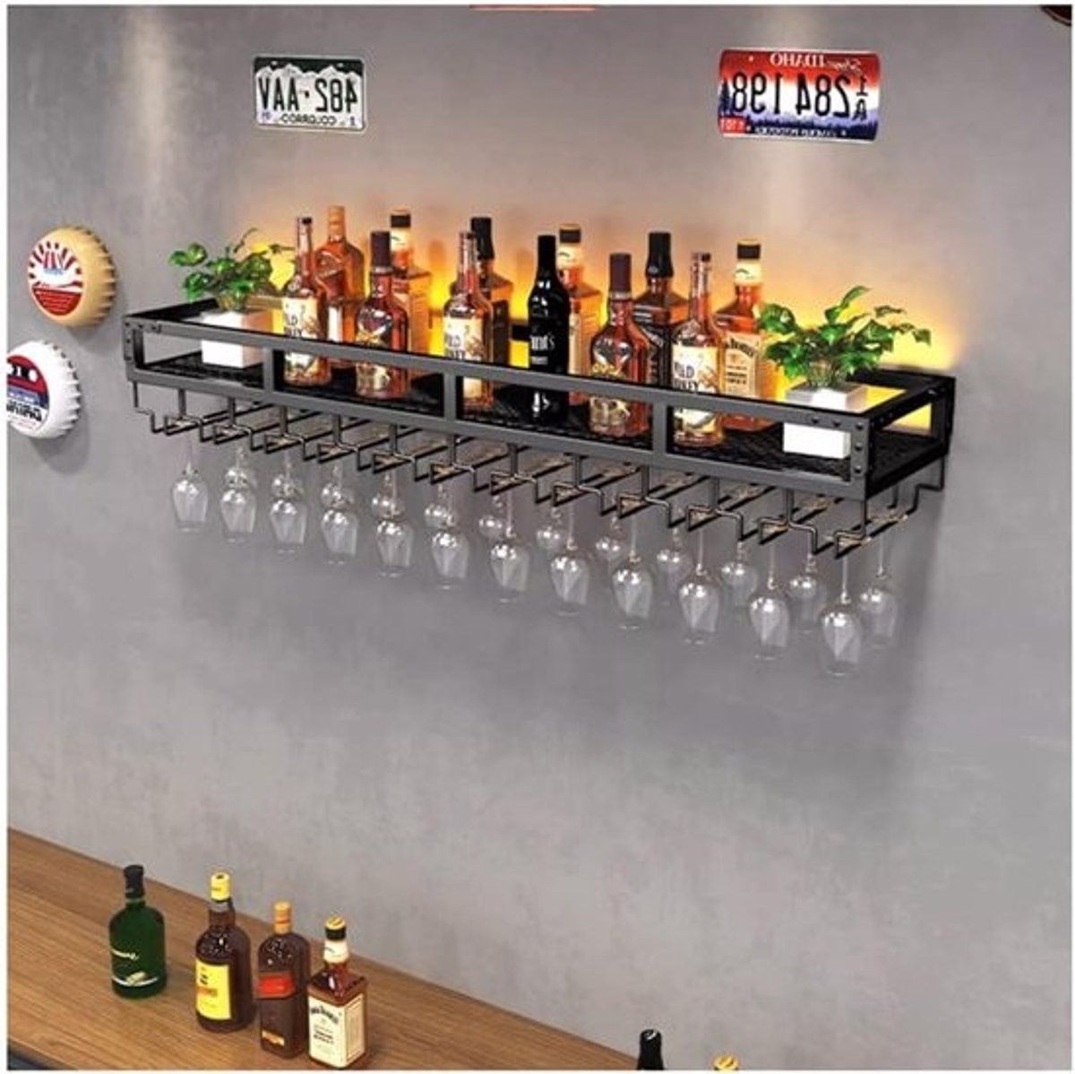 Wand Wijnrek - Flessenhouder Glasrek - Thuisbar Inrichten - Met Ledverlichting - 60-200cm Lengte - Zwart