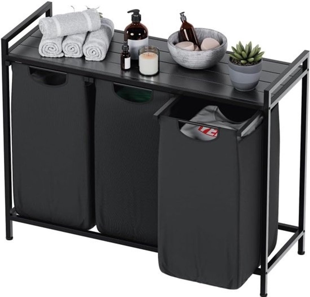 Wasmand Met 3 Vakken - Kleding Sorteerder - Kleding Organiseren - Met Opbergplank - 93 X 73 X 33 CM