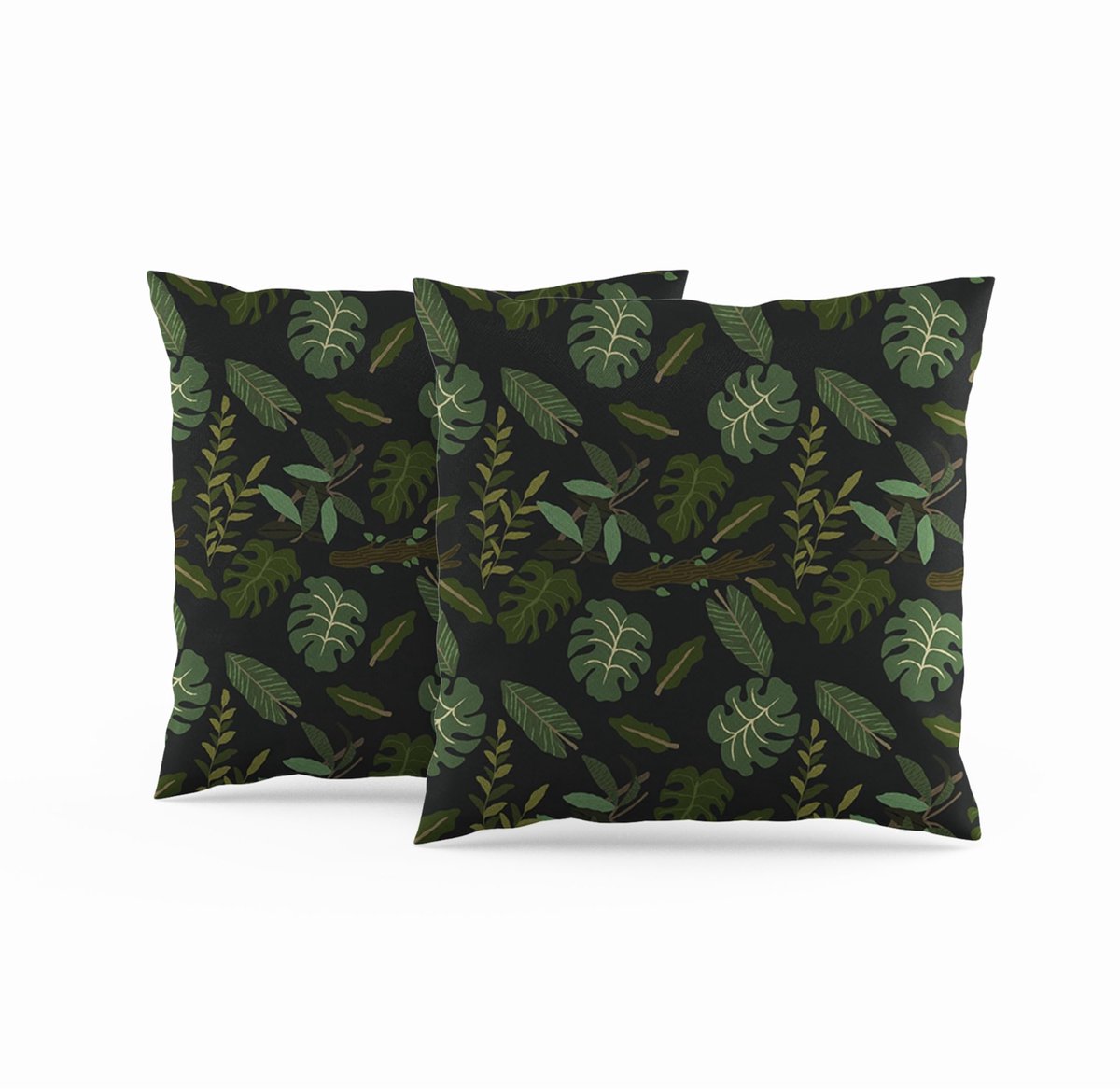 Set van 2 Kussenslopen - Vierkant met Tropische Plantenbladeren Junglepatroon Linnenlook - Voor Woondecoratie Woonkamer Slaapkamer Bank - Donkergroen 50 x 50 cm