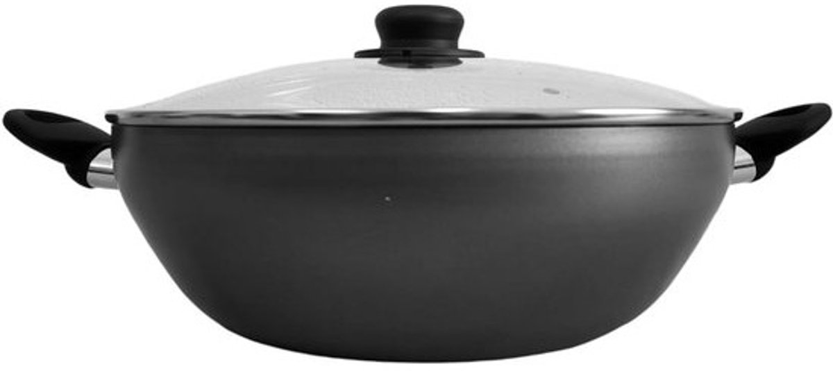 Aluminium wokpan - Grote koekenpan - Aziatisch koken - Dubbele handgrepen - 32 cm - Grijs