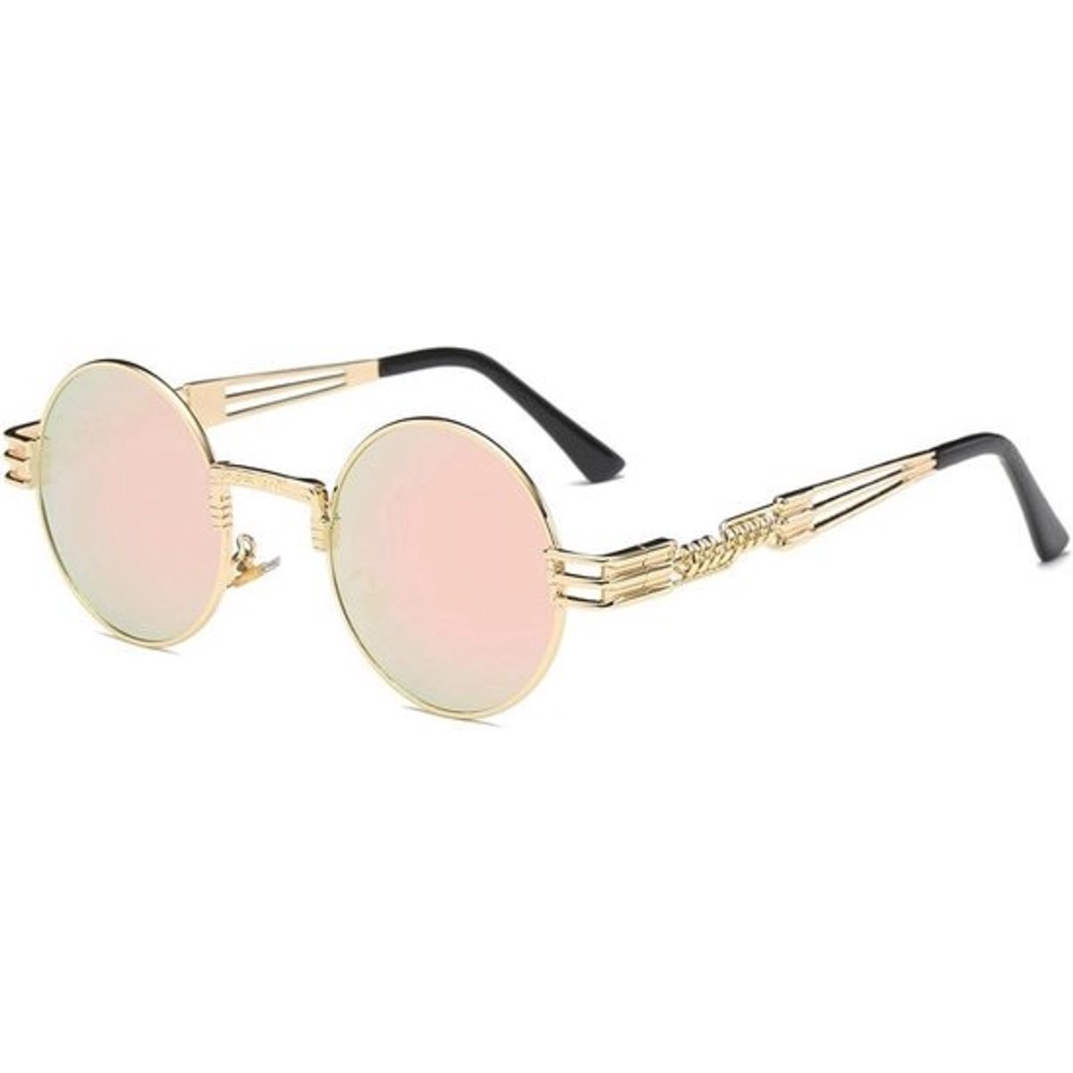 Ronde metalen steampunk zonnebril voor dames en heren - goudframe met roze spiegel lenzen