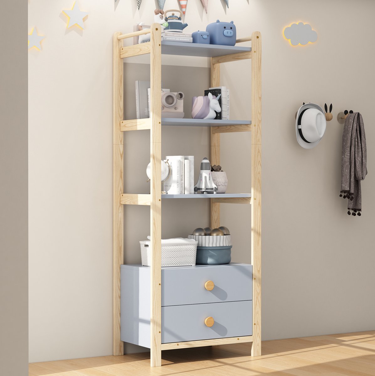 Wishdor Boekenkast met 2 lades - 4 niveaus - Open opbergvak met plankdelen - Scandinavisch - Woonkamer slaapkamer boekenkamer - Houtlook - Blauw - 70 x 44 x 180 cm
