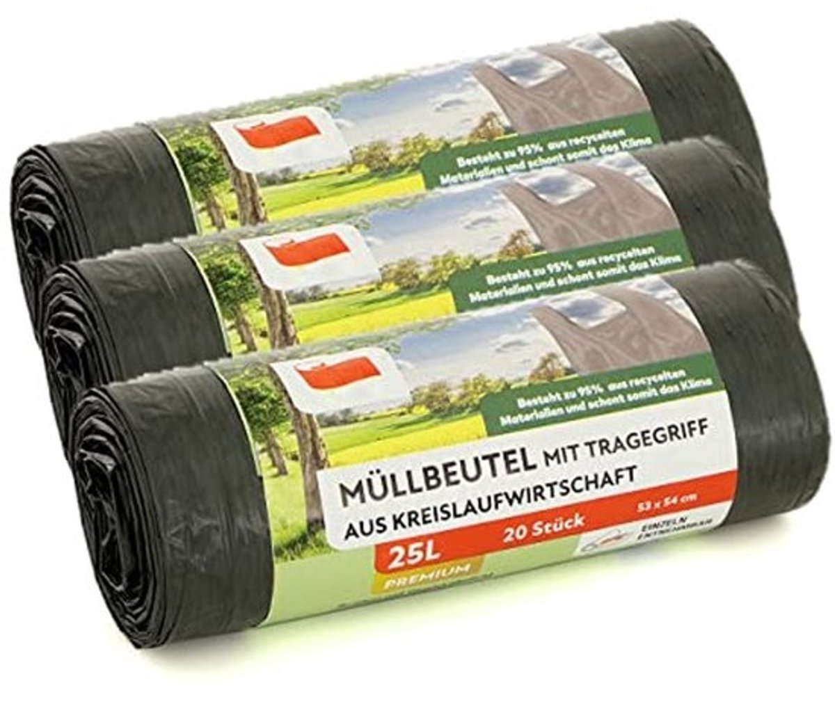 Vuilniszakken met handgreep - 95% gerecycled materiaal - 25L - Duurzaam en milieuvriendelijk voor dagelijks gebruik