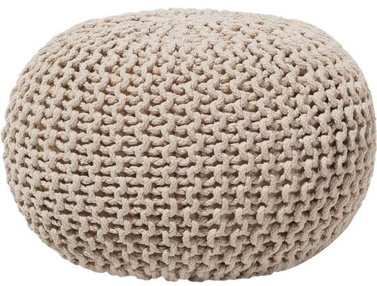 Ronde gebreide poef van katoen in beige, 40x25 cm