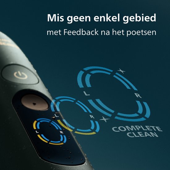 Close-up van het display van een Philips Sonicare tandenborstel, met de tekst 'Complete Clean' en een cirkelvormig poetsdiagram.