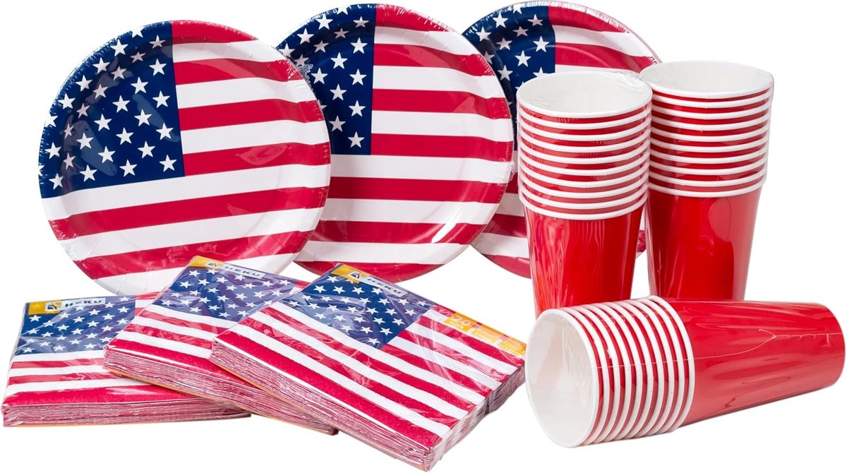 Party Wegwerpset, 120-delige Amerikaanse vlag, inclusief papieren borden met motief, partybekers (0,473 l) en servetten (33 x 33 cm), ideaal voor feestjes en evenementen