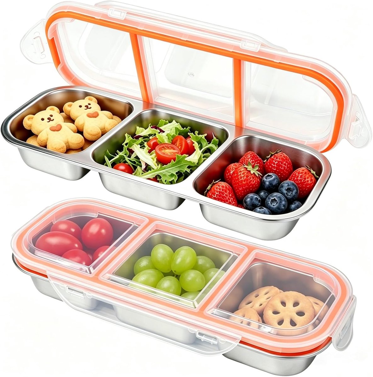 2 Stuks Roestvrijstalen Snackbox met 3 Vakken, Roestvrijstalen Snackcontainers met Lekdichte deksel, Herbruikbare Onderverdeelde Snackdoos voor School, Thuis, Onderweg, Kantoor