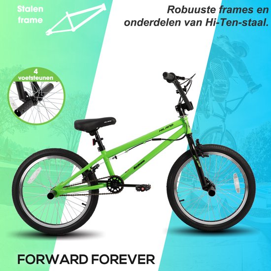 Groene kinder BMX fiets met stalen frame, vier voetsteunen en zwarte zadel. Tekst: "Forward Forever".