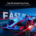 Monitor toont een raceauto met "FAST IPS" en 210Hz verversingssnelheid voor vloeiende beelden.
