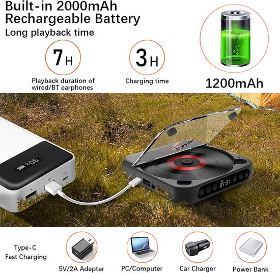 Draagbare Bluetooth cd-speler, cd-speler met stofkap, Inclusief hoofdtelefoon - 6 modi - AB-herhaaltimer - Afstandsbediening - Externe afspeelfunctie — afbeelding 5