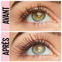 Voor en na foto van een oog met bruine mascara: 'AVANT' toont onopgemaakte wimpers, 'APRÈS' toont lange, vollere wimpers.