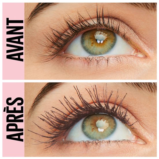 Voor en na foto van een oog met bruine mascara: 'AVANT' toont onopgemaakte wimpers, 'APRÈS' toont lange, vollere wimpers.