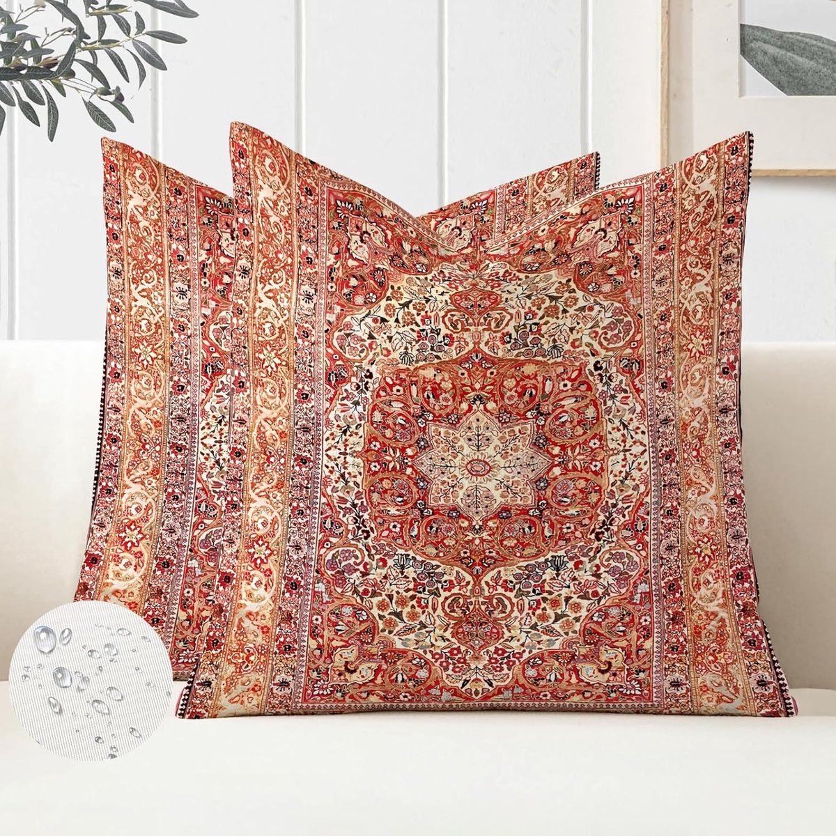 Set van 2 kussenslopen, 50 x 50 cm, bohemian kussenslopen, rood, herfst, outdoor, kussen, waterdicht, boho, etno, Indiase landhuisstijl, sierkussen, bankkussens voor woonkamer, tuin
