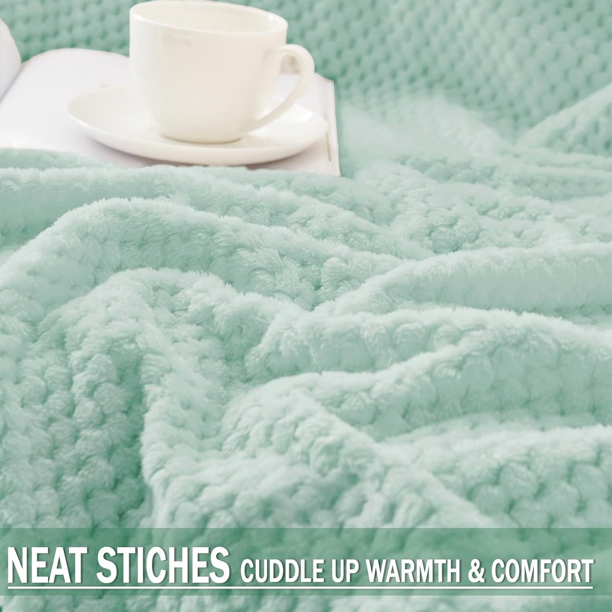 Mezcla Fleece plaid extra groot, super zacht en warm deken voor bank, sofa en bed met wafeltextuur, gezellig, pluizig en lichtgewicht (Muntgroen, 127x178 cm)