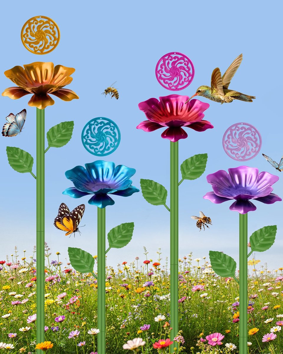 Dailygoods- Bijenwaterbakjes Set van 4 - Dubbelwandige Bloemvormige Drinkbakjes - Metalen Tuindecoratie - Voor Vlinders/Vogels - Verstelbare Montagehoogte - Kleurrijk Design