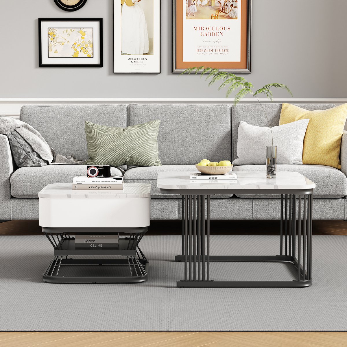 2-delige salontafelset - geometrische koffietafelset - woonkamer tafel set - banktafel - bijzettafel - zwart-wit - 70x70x45cm - 50x50x40cm